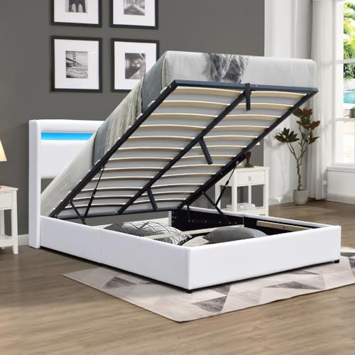 Lit Coffre 160x200 cm déhoussable avec tête de lit LED - 14 Lattes - Montage Rapide et Facile - revêtement PVC Simili Entretien Facile