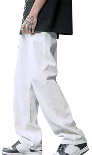 Y2K - Jean baggy pour homme - Hip Hop - Streetwear - Skateboard - Jeans pour adolescent et garçon - Coupe ample - Coupe ample - Jambe large - Pantalon en denim stretch, Blanc., S