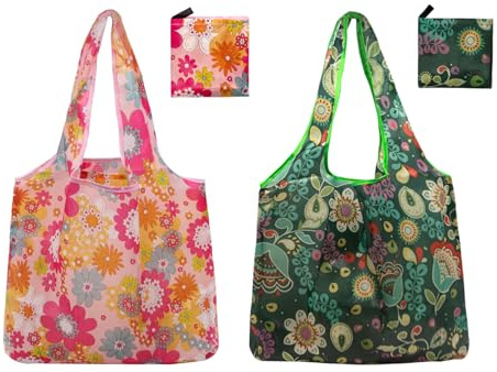Long Keeper 2 Pezzi Borsa Spesa Pieghevole Borsa Tracolla Grande Riutilizzabile Lavabili Sacchetti Tote Portatile Viaggio per Shopping Picnic Spiaggia (Fiore Rosa+Fiore Verde)