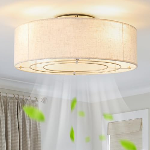 YMKSKJ Low Profile Ceiling Fans with Lights, 20 Boho Rattan Ceiling Fan with Light Flush Mount and Remote Control, Drum Caged with 6 Speeds for Bedroom, Nursery, Living Room