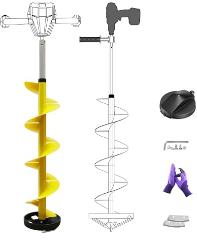 LONGRUNEW Eisbohrer, 8“ Gelber Eisbohrer mit Rutschfestem Griff und Austauschbaren Klingensätzen für Akkuschrauber, Gartenbohrer, Bitbohrer, Handbohrer, Puckbohrer