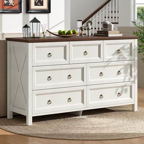 Merax Kommode, Aufbewahrungsschrank mit 7 Schubladen, Moderne Anrichte Esszimmerschrank mit Arbeitsplatte, Sideboard im Vintage-Stil, für Wohnzimmer, Schlafzimmer, Büro, Dokumente Kleinigkeiten, Beige