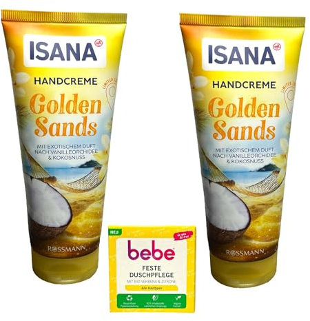 2x Isana Handcreme Golden Sands + 1x Bebe feste Duschpflege | 2 x100ml | exotischer Duft nach Vanilleorchidee & Kokosnuss