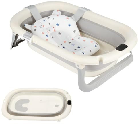 Baignoire Bébé Pliable Avec Coussin De Bain Et Thermomètre Intégré,Baignoire Enfant Avec Support Offert,De 0 À 3 Ans,Bassin de Douche Portable Antidérapant (B-Gris-43 * 71 * 18.5cm)