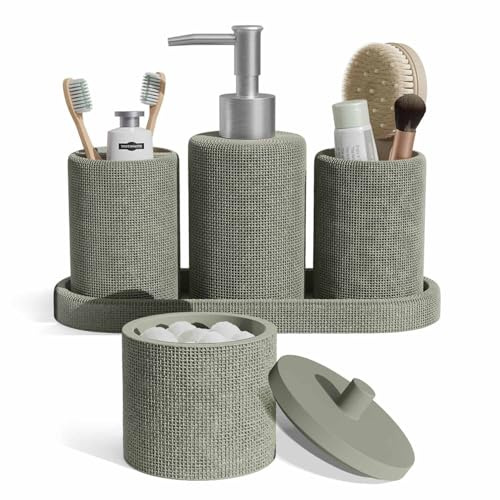 Clara Clark Bathroom Set - Sage Green Bathroom Accessories Set, 5PC Bathroom Accessory Set, Bathroom Sets with Soap Dispenser, Toothbrush Holder, Tumbler, Cotton Swab Jar & Vanity Tray