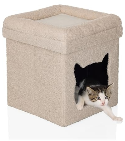 hjh LIVING Katzenhöhle mit Kissen PAWY ES Faltbares Katzenbett in Bouclé-Stoff mit abnehmbarem Deckel, Höhle für Katzen, 40x40x44 cm, Beige