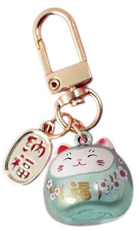 Porte-clés de style japonais en métal avec chats dessinés et clochettes, charme pour sac, pendentif pour clés de voiture, ornement pour femmes et hommes, vert clair