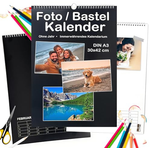 Dauerkalender DIN A3 – Foto-Bastelkalender zum Selbstgestalten | ohne Jahr | 6x Schwarz & 6x Weiß | dicker Karton – DIY-Kalender groß zum Bilder Einkleben