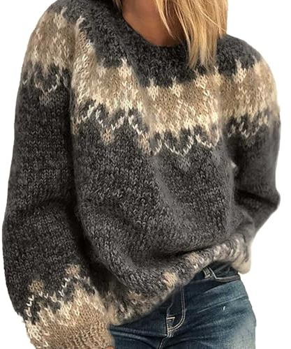 Chanpning Pull Femme Norvégien d'hiver Chaud Pull Over Tricoté Chic Col Rond À Manches Longues Sweater Tops Motif Jacquard Tunique Grande Taille Pas Cher Décontractés Vetement Femme Automne-Hiver