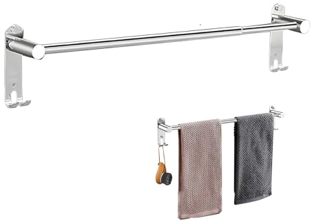 Ziyonix Toallero Ajustable de 43 a 75 cm, de Acero Inoxidable con Tornillos de Pegamento, Toallero Plateado con Ganchos, Barra de Toalla Montada en la Pared para Baño y Cocina