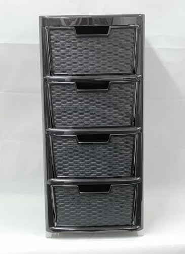 ELMORA'Z Large Storage Drawers Unit Rattan Effects Storage Solution Organizer Tower For Multipurpose Home Kitchen Office Laundry (Rattan Black, 4 Tier)