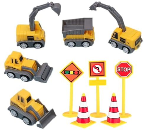 HAGNA 10 Piezas Mini Excavadora Juguete Y Señales De Tráfico Para Decoración De Tartas, Excavadora Topper Cumpleaños