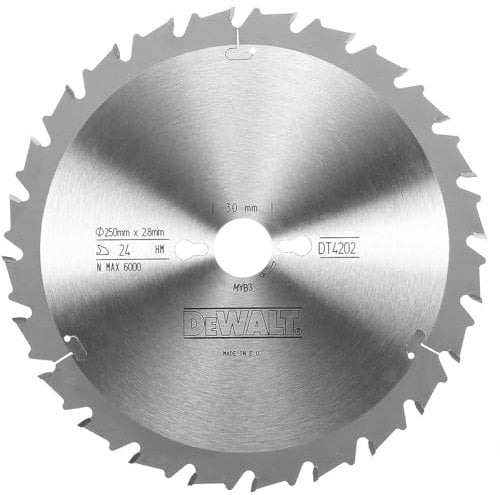 DeWalt Extreme Kreissägeblatt (für Radialarmsägen, Sägeblatt-Ø 250, Bohrung 30 mm, Schnittbreite 2.8 mm, 24FZ, Zahnwinkel 10°) DT4302