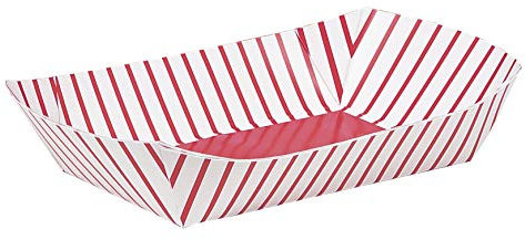 Red & White Striped Paper Snack Tray (33cm) Pack of 4 - Disposable Party Serving Trays for Movie Nights, Carnivals, and Picnics, 9.5 x 6