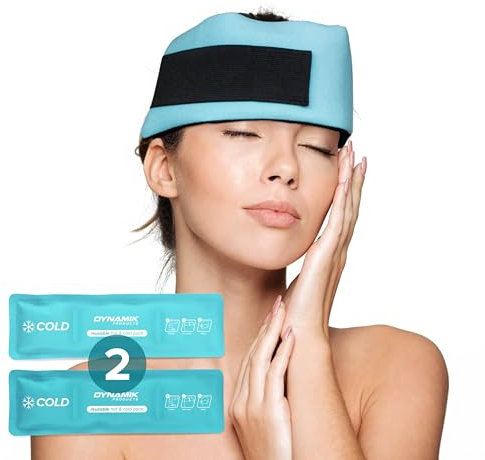 2X Migraine Relief Ice Packs - Adjustable Head Wrap for Cold Compress - Reusable Forehead Headache Relief Pad for Sinus Tension, Stress, Fever, Puffy Eyes, Chemo & Menopause (Dynamik Products)