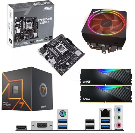AMD Ryzen 7 7700 3.8Ghz (Turbo 5.3Ghz) 8 Core 16 Thread CPU, ASUS PRIME A620M-K Motherboard & 32GB 6400Mhz ADATA RGB DDR5 RAM Pre-Built Bundle