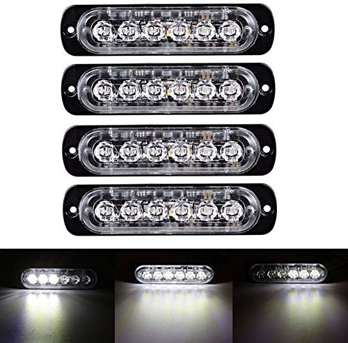 Ricoy 6 LED 18W White Ultra Slim Underbody Emergency Hazard Strobe Warning Grille Working Light Bar for 12V - 24V Car Vehicle, Safety Flashing Beacon For Boat SUV Trailer Caravan (Pack of 4)