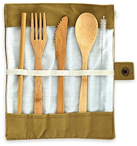 bambuswald© Cubiertos sin plástico (cuchara, tenedor, cuchillo y pajitas) hechos 100% de bambú - Cubertería de viaje ecológica y reutilizable, cubiertos para barbacoas incl. bolsa de lona