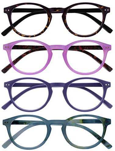 OPULIZE Zen Lesebrille 4er Pack Kleine Runde Rahmen Federscharniere Kratzfest Dunkelbraune Rosa Lila Türkis Herren Damen RRRR24-245Q +3.50