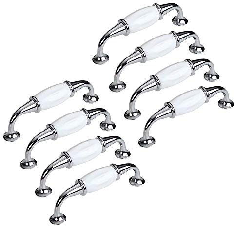 Creatwls Kitchen Cupboard Cabinet Door Handle White Ceramic Pulls Furniture Dresser Decorative Chrome-Plated Knob Bow Handle Furniture Fitting Handles, 8 pcs, Single Hole, Hole Centers 3.78
