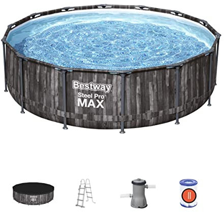 Bestway Steel Pro Max | Round Frame Swimming Pool with Filter Pump, Above Ground Frame Pools, Rattan Print, 14ft