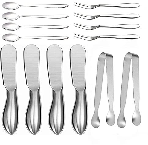 Linwnil 14 Pieces Cheese Butter Spreader Knife Set, Stainless Steel Cheese Butter Spreader Knives Cheese Slicer and Handles Mini Serving Tongs Spoons and Forks for Butter