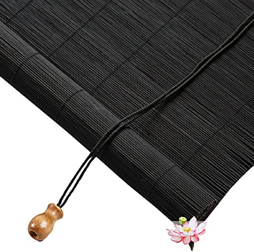Natür Bambus Rollo Bambusrollo,Büro Seitenzug Fensterrollo,Holz Jalousine,Retro Raffrollo Faltrollo,lichtdurchlässig und verdunkelnd Wandmontage Sichtschutz,60% Blackout,Schwarz (W110xH235cm/43x93in)