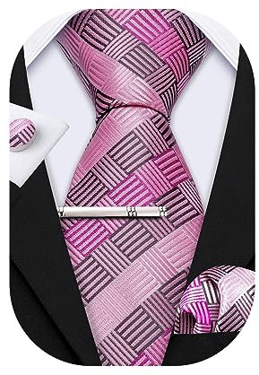 Barry.Wang Juego de corbatas de seda para hombre, con bolsillo formal, gemelos cuadrados, clip de corbata, diseño clásico de cachemira, Gris y rosa., Taille unique