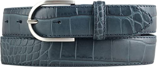 BELTINGER Damen-Gürtel mit Krokoprägung 3,5 cm | Leder-Gürtel für Damen 35mm Kroko-Optik | Kroko-Muster mit runder Gürtelschnalle | Jeansblau 100cm