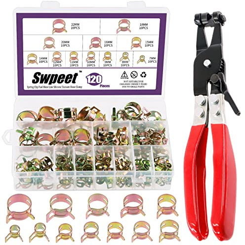 Swpeet Lot de 121 colliers de serrage à ressort de 7 à 22 mm avec bande plate pivotante pour tuyau de carburant - Assortiment de pinces en silicone pour tuyau d'aspiration basse pression