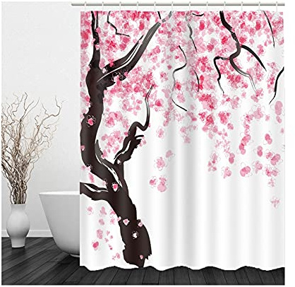 Banemi Shower Curtain for Women, Heat Resistant Shower Curtain Pink Brown White Plum Blossom Tree Polyester 180X180cm Bath Curtain,Fall Shower Curtain