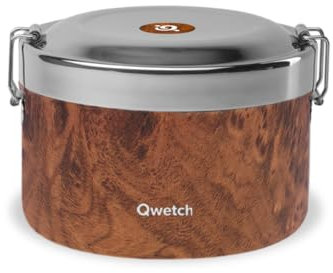 QWETCH - Bento Isotherme Wood 850ml - Lunchbox à Compartiments Inox - 4h Chaud et 6h Froid - Sans BPA & Réutilisable - Pour bureau, voyage, camping, pique-nique