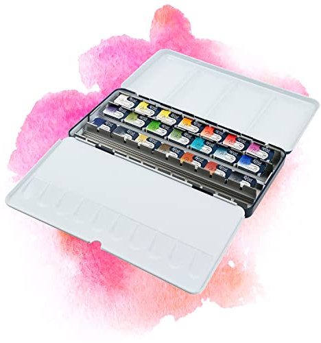 7 Artists Modern Aquarellfarben Rosa Gallery Set – 21 x Näpfchen Lebendige Farben, Hochwertige Künstler-Aquarell im Mehrzweck-Metallkasten mit Mischpalette, Künstler Aquarellkasten Aquarell Malkasten