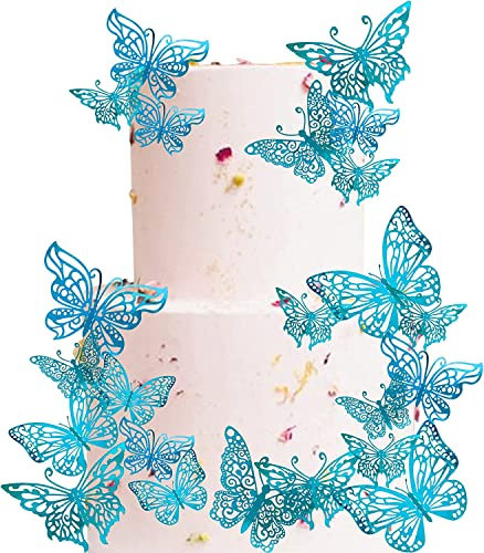 40 Stück Tortendeko, 3D Schmetterling Cupcake Topper mit Eisenstangen Schmetterling Tortendeko Geburtstag Butterfly Cake Toppers für Hochzeit Jahrestag Geburtstag Party Kuchen Dekoendeko Blau
