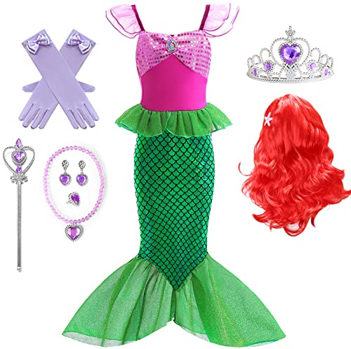 IWFREE Meerjungfrau Kostüm Mädchen Ariel Prinzessin Kleid mit Zubehör Karneval Geburtstag Thema Party Rollenspiel Ankleiden Halloween Outfit