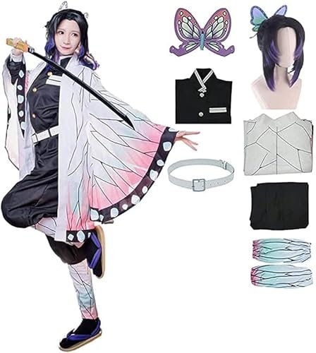 Rcrllya Anime Dämon Slayer Kochou Shinobu Kostüm Kimono Outfit Halloween Party Uniform mit Perücke Erwachsenen Geschenk (Set Perücke,XL)