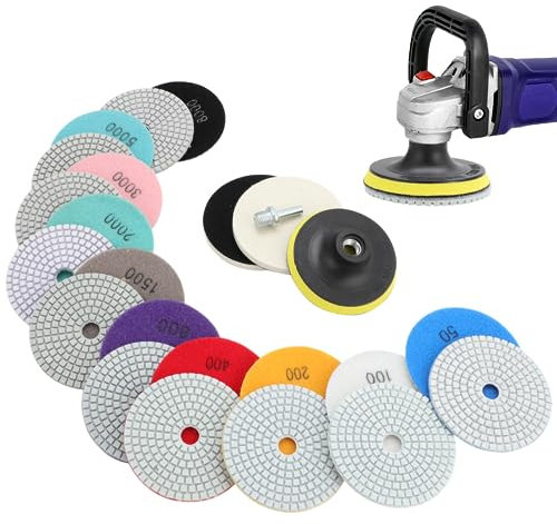 SWEWARM 4 Diamond Polishing Pads, 14Pcs Wet Dry Granite Stone Polish Pad Kit with 5/8-11 Backer Pad for Drill, Grinder, Polisher, 50-8000 Grit Sanding Pads for Concrete, Marble, Tile, Quartz