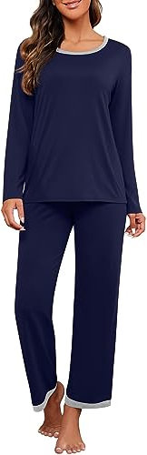 PrinStory Schlafanzüge Für Damen Lange Ärmel Rundhals Schlafanzugoberteile Und Schlafanzughosen Nachtwäsche (Marineblau, M)