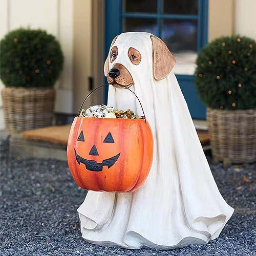 Halloween Kürbis Geist Katzen Süßigkeit Schalenhalter, Hund Süßigkeiten Schüssel Ghost Dog Candy Bowl Holder, Halloween Kürbis Snack Schüssel Stand, Harz Süßigkeiten Schüssel für Halloween Deko