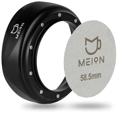 MEION 58mm Dosierring & 58.5 Puck Screen für 58mm Siebträger, Magnetischer Kaffee Dosierring, Wiederverwendbares 1.7mm Dicke 150μm Espresso Puck Screen, Espresso Zubehör (Schwarz)