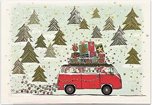 Kleiner hochwertiger Adventskalender mit 24 Bildern als doppelseitige Grußkarte zum Verschicken mit goldenem Umschlag, made in Germany (Bully mit Geschenken)