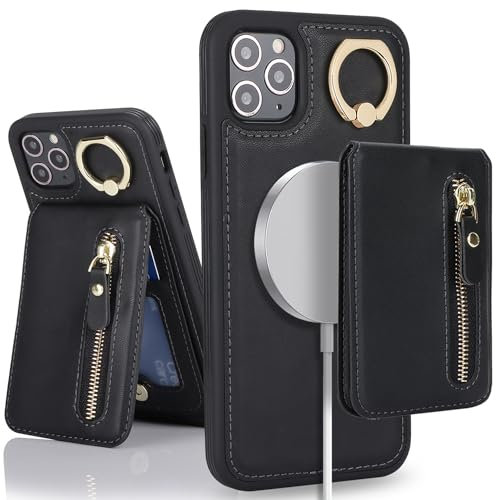 SailorTech iPhone 11 Pro Max Phone Leather Case with Credit Card Holder Magsafe, iPhone 11 Pro Max Case Ring Stand with Kickstand Card Slots Wallet Detachable 2-in-1 Zipper Case - Black