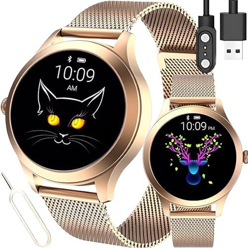 Retoo Smartwatch Damen Herren Telefonfunktion 1,04 Voll Touch Fitnessuhr Sportmodi GPS Ortungsgerät Pulsuhr Schlafmonitor Herzfrequenz Sportuhr Armbanduhr Stoppuhr Gold