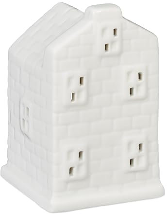 Relaxdays Teelichthaus Keramik, Leuchthäuschen für 1 Teelicht, H x B x T: 11 x 7 x 6,5 cm, Teelichthalter Haus, weiß