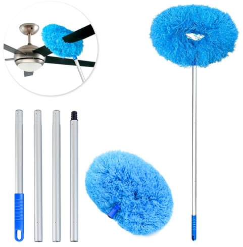 ARAINY Ceiling Fan Duster Retractable Ceiling Cleaner Reusable Microfiber Ceiling Fan Blade Cleaner Duster with Extension Pole 13 to 50 inch for Furniture Bookshelves Wall Door Blue