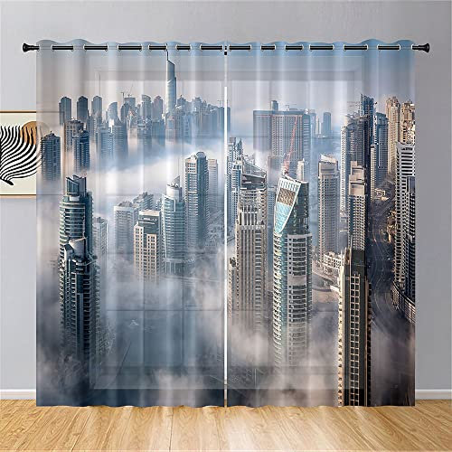 Surwin Stadt Landschaft Druck Vorhänge, 2 Stück Gardinen mit Ösen, Modern Transparent Vorhänge Wohnzimmer Polyester Gardinen Küche Fenster Wohnzimmer Schlafzimmer (132x160cm,Hochhaus)