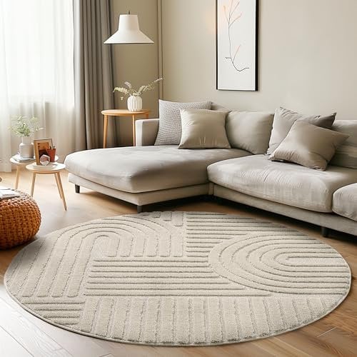 Carpettex Kurzflor Hochtief Teppich - 120 cm Rund Beige Skandi-Look - 3D Effekt Boho Muster Waschbar und Flauschig - Für Wohnzimmer, Schlafzimmer, Esszimmer und Küche