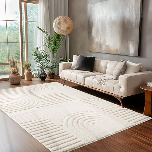 Carpettex Kurzflor Hochtief Teppich 140 x 200 cm - Creme Skandi-Look Mit 3D Effekt Boho Muster - Waschbar Und Flauschig Für Wohnzimmer, Schlafzimmer, Esszimmer Und Küche