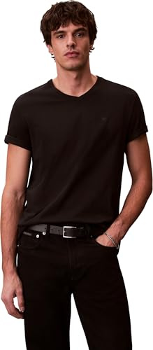Calvin Klein Herren T-Shirt Kurzarm Smooth Solid Tee mit V-Ausschnitt, Schwarz (Black), L
