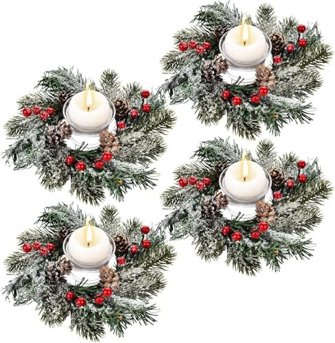 KAHEIGN 4Pcs Weihnachtskerzen Ringe, 20CM Künstlicher Roten Beeren Kränze Weihnachtskerzenringe Verschneiten Tannennadeln Kerzenhalter für Weihnachten Tisch Deko, Tannenzapfen-Kerzenringgirlande